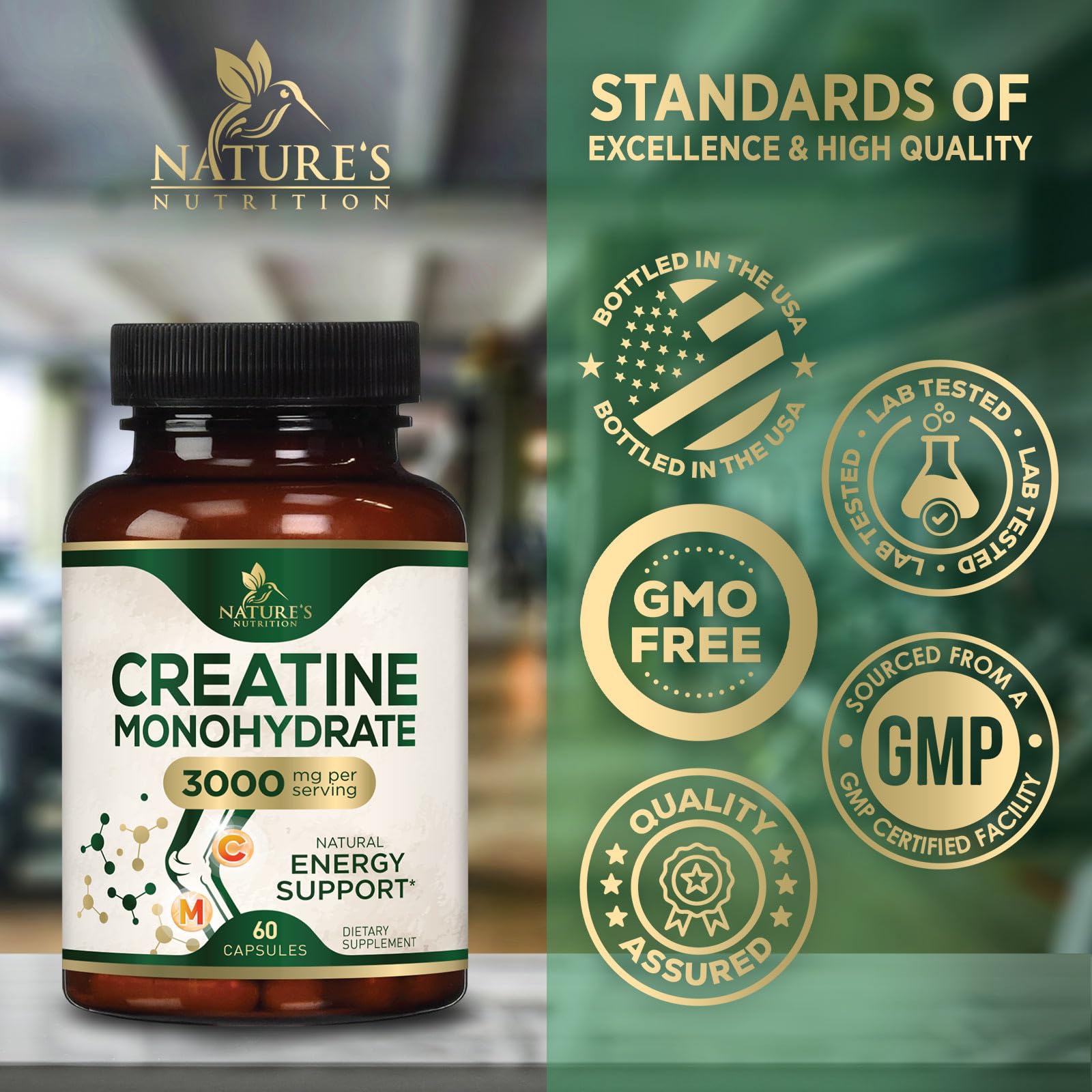 Creatine Monohydrate 3000mg Per Serving – Micronized Creatine Powder Capsules - Supports Lean Muscle, Strength, Energy, & Endurance - Nature's Supplement, Non-GMO, Bottled in USA - 60 Capsules — Amazon image 4