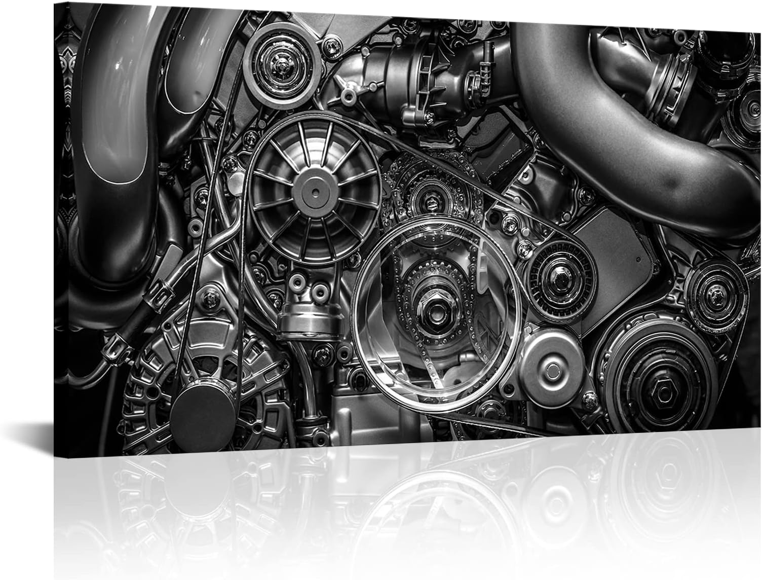 SiMiWOW Engine Engineering Wall Art Mechanical Painting Car Engine Black and White Picture Giclee Prints Framed Artwork 20"x36"