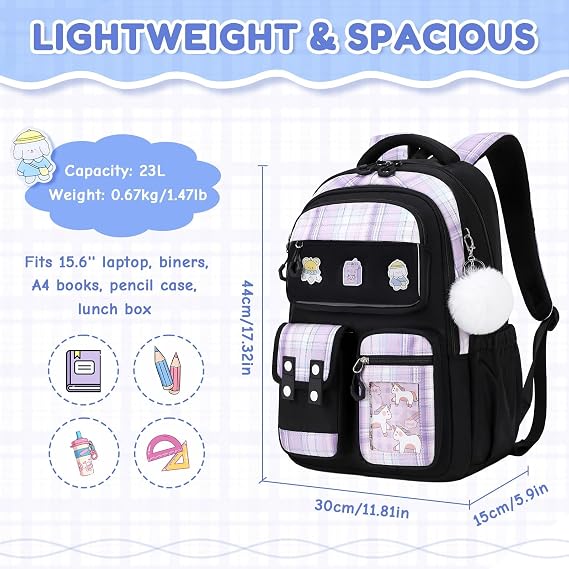 Girls School Backpack, Cute Kawaii Kids Rucksack for Primary School Students, Water Resistant Bookbag with Cartoon Pins & Pom Pom, Travel Bag with Luggage Strap