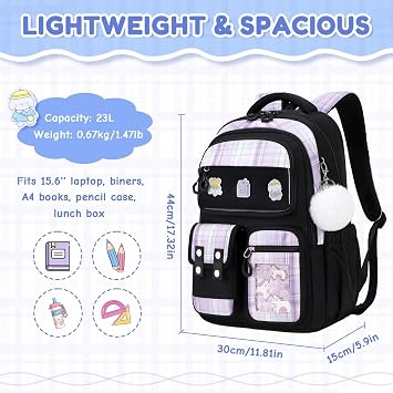 Girls School Backpack, Cute Kawaii Kids Rucksack for Primary School Students, Water Resistant Bookbag with Cartoon Pins & Pom Pom, Travel Bag with Luggage Strap