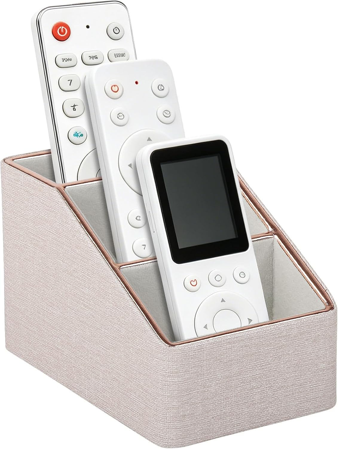 Rose Gold Edge Inlaid Leather Desktop Organizer, Remote Control Holder,Nightstand Remote Caddy, Multi-Functional Storage Box for Cellphone,Pens, Makeup Brushes, Lipsticks & Small Cosmetics (Beige)