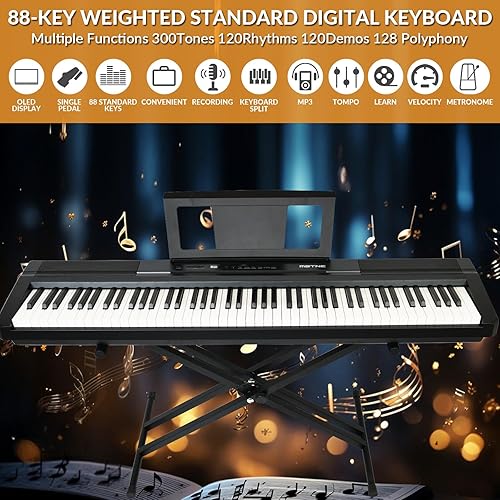 Miniatura 3 de MSTNE Piano digital de 88 teclas con acción de martillo, teclado ponderado de tamaño completo, 88 teclas con 2 altavoces de 30 W, soporte ajustable,