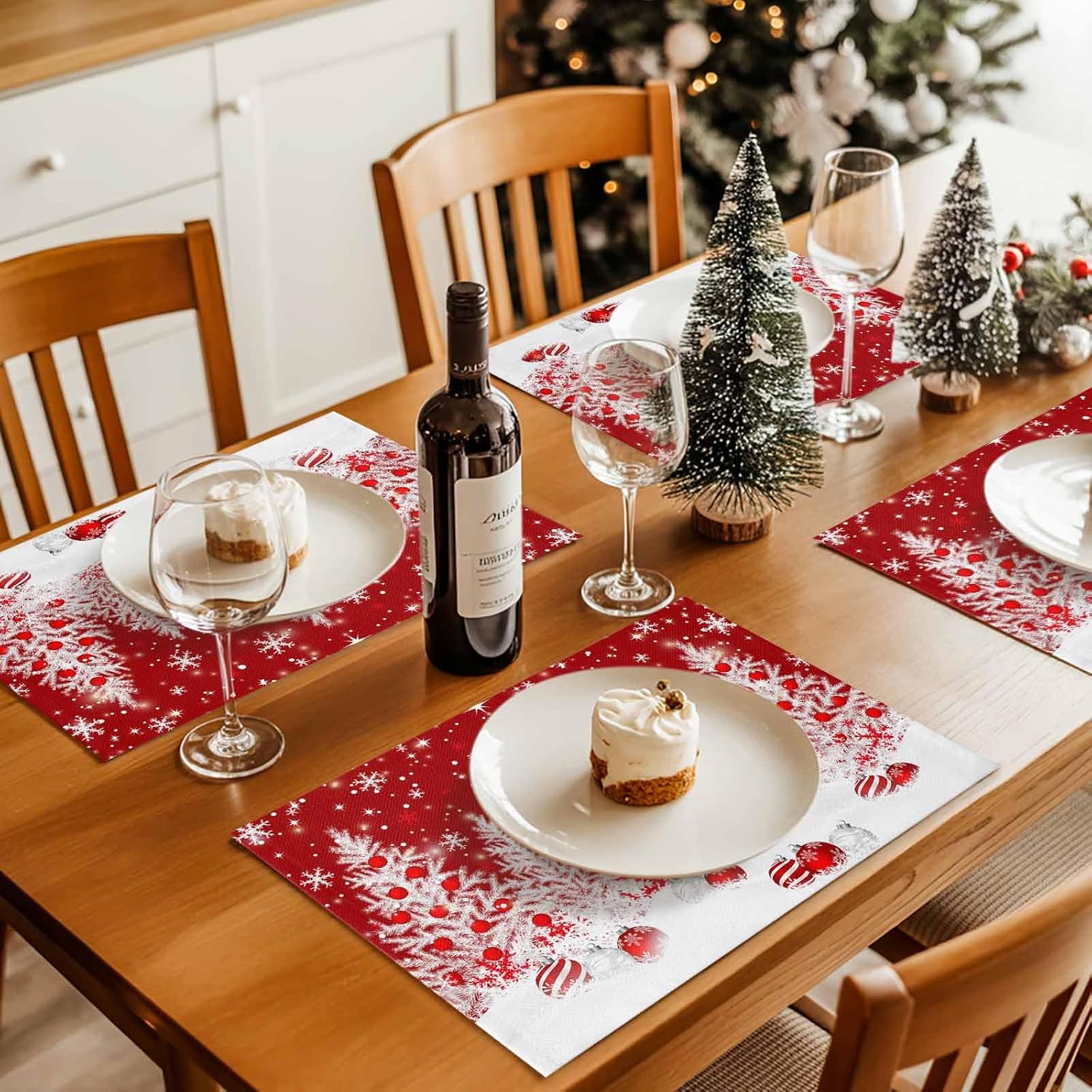 Christmas Placemats White Snowflakes Pine Tree Place Mats for Dining Room Dinner Table Xmas Balls Red Washable Table Mats Kitchen Dining Decorations Anniversary Set of 8