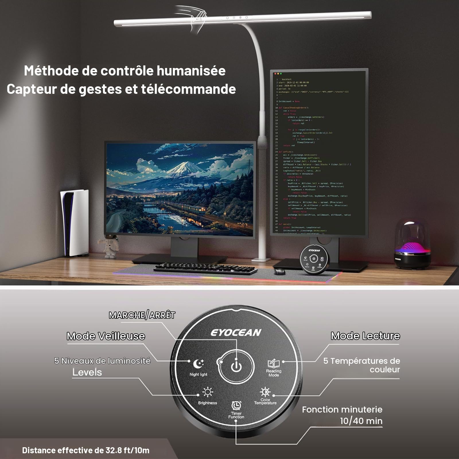 EYOCEAN Lampe de Bureau LED, 24W 80cm Lampe de Table avec Contrôle par Gestes & Télécommande, Perche télescopique à hauteur réglable, pour Employés de Bureau, Étudiants, Designers, Monteurs Vidéo