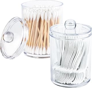 2 Pack Holder Dispenser with Lid Clear Plastic Bathroom Vanity Canisters Jars Cotton Balls Pads Swabs Holder Jar For Bathroom Organization Office Dresser Organizer