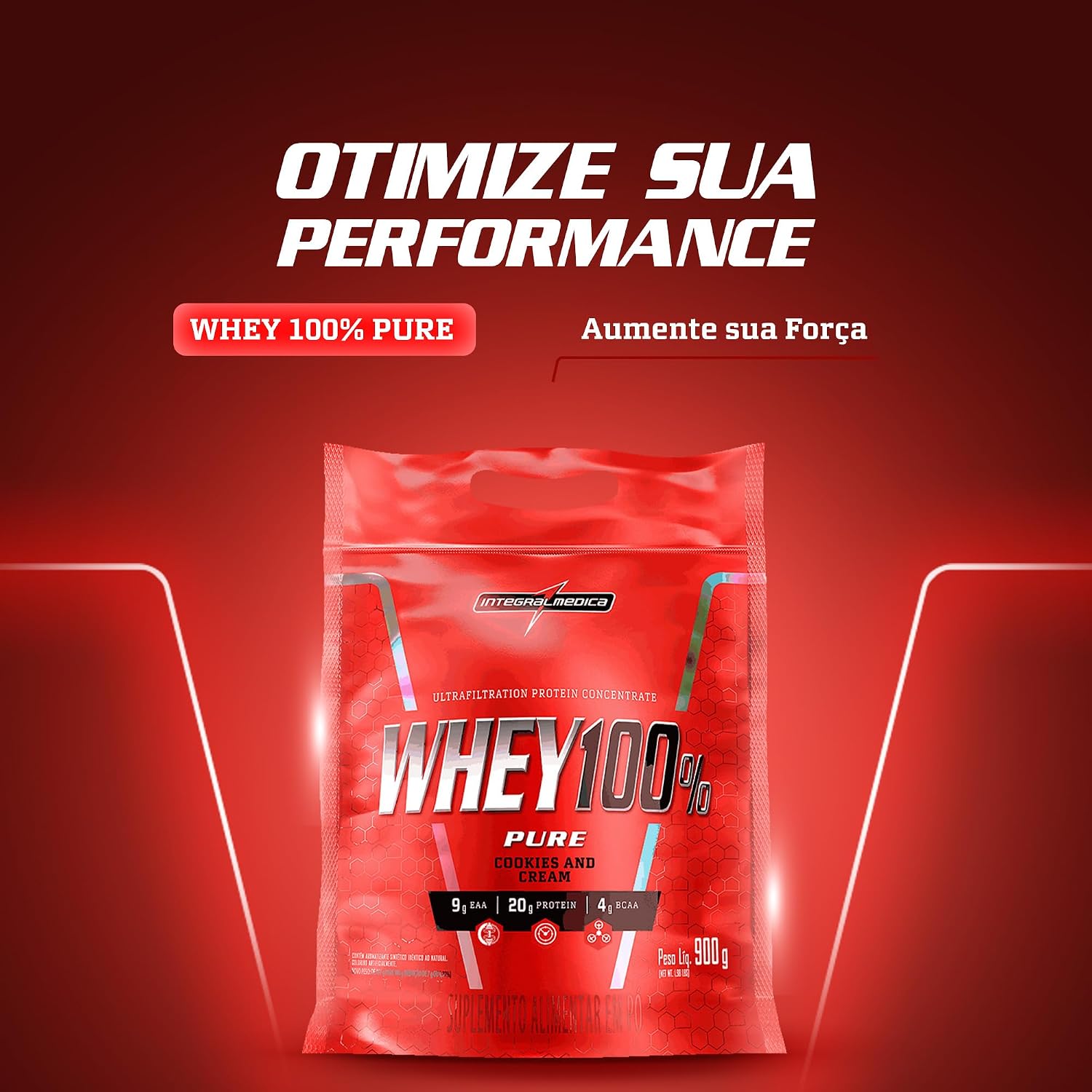 Integralmedica - Whey Protein Concentrado Cookies and Cream 100% Pure - 20g de Proteína por Scoop, Suplementação Alimentar Pós-Treino, Fórmula Enriquecida com BCAAs - Pouch 900g - Imagem 2