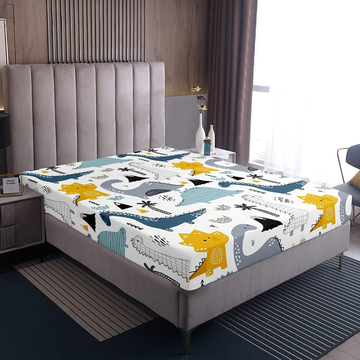 Loussiesd Luxury Dinosaur Fitted Sheet 100% Microfiber Breathable Cartoon Dinosaur Printed Only Bedsheet No Pillowcases Fitted Sheets Double(135x200+30cm)