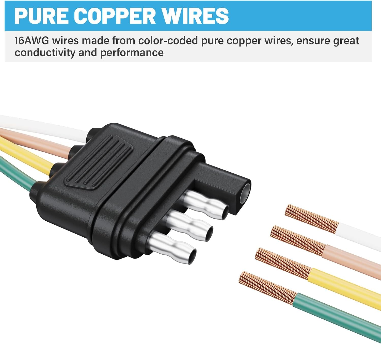 Oyviny 16AWG 4 Pin Vehicle & Trailer Side Wiring Harness Extension-10 Feet, 4-Way Flat Trailer Connector with Rubber Dust Cover