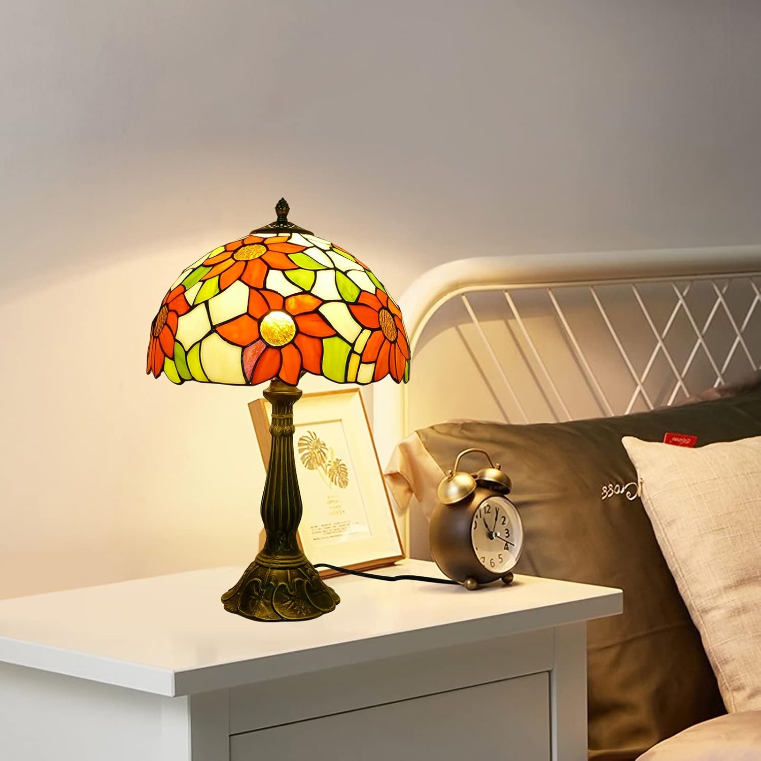 Tiffany Style Table Lamp Sunflower Vintage Table Lamp Stained Glass Lamp Durable Bronze Alloy Base Tiffany Lamps for Bedroom 12" Wide 19" Tall for Living Room Home Office