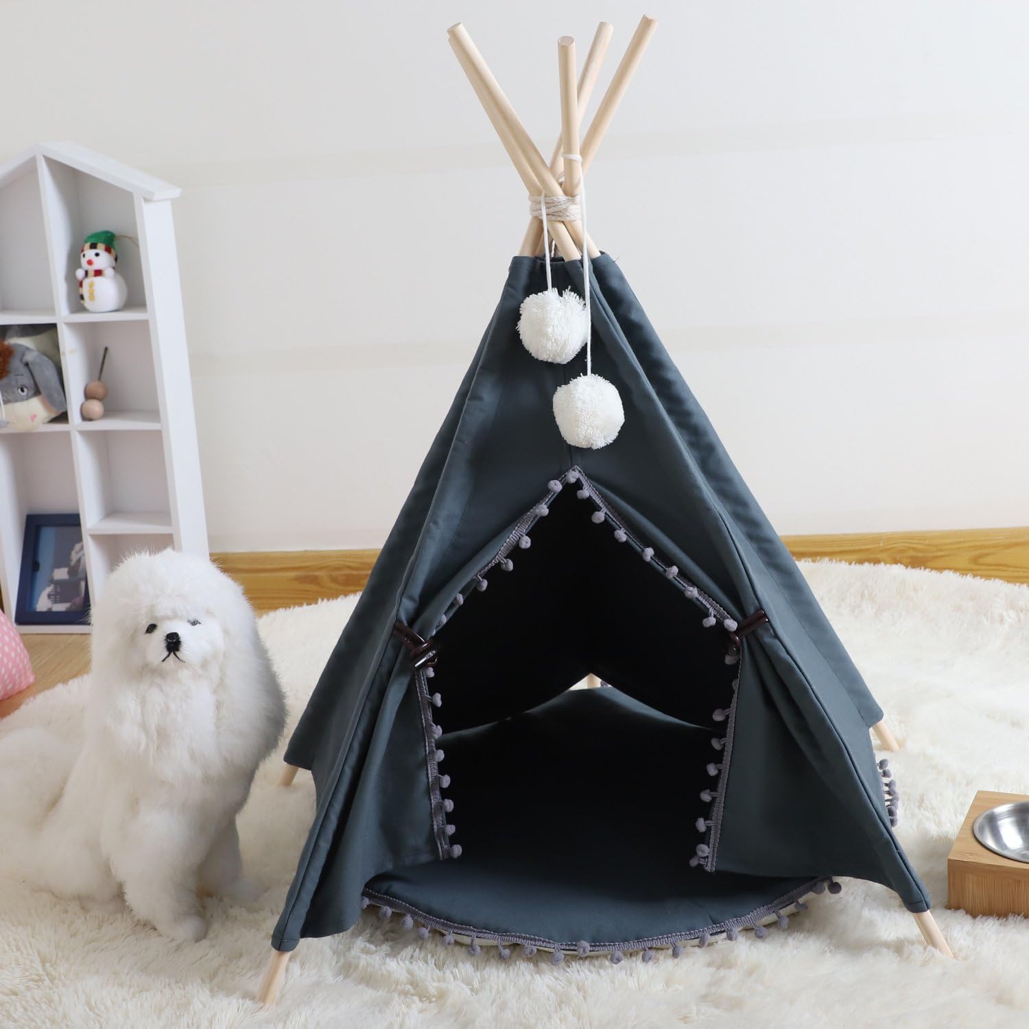 Wonder Space Pet Teepee House - 28 Inch 5-Pole Grey Canvas Tent with Pom Pom Opening, Comes with Cushion &Free Hangings & Name…