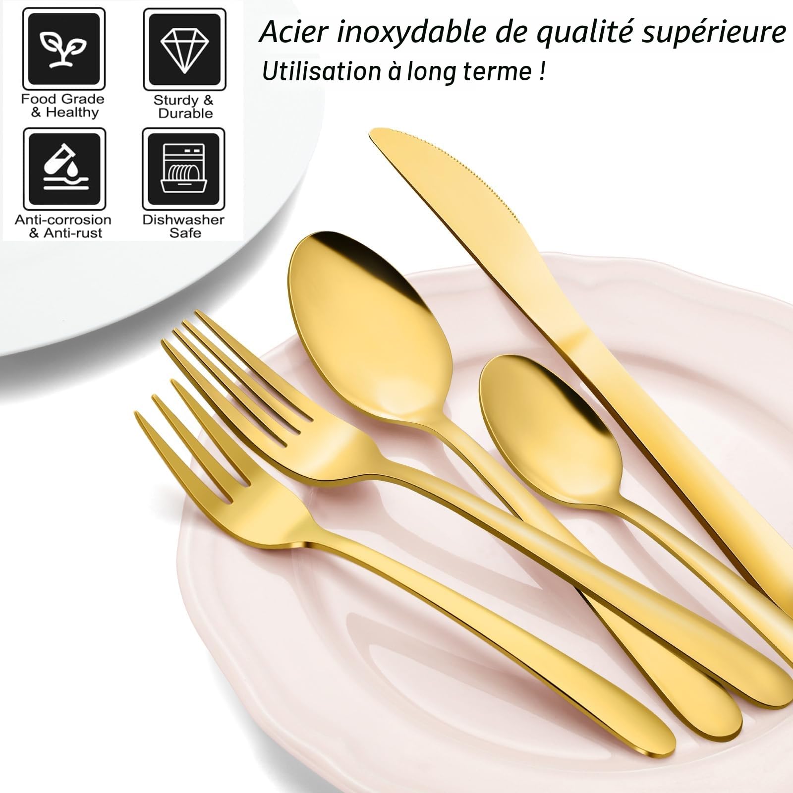 Pleafind Couverts de Table 12 personnes, 72 Pièces Couvert Dorés, Set de couverts en acier inoxydable avec couteau à steak, compris fourchettes, cuillères, couteaux, résistant au lave-vaisselle