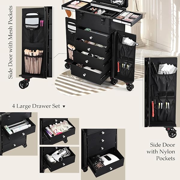 Valise de Maquillage Professionnel avec 6 Roues - Station Portable Trolley avec Plusieurs Compartiments pour Onglerie et Coiffure, Noir Profond - 3