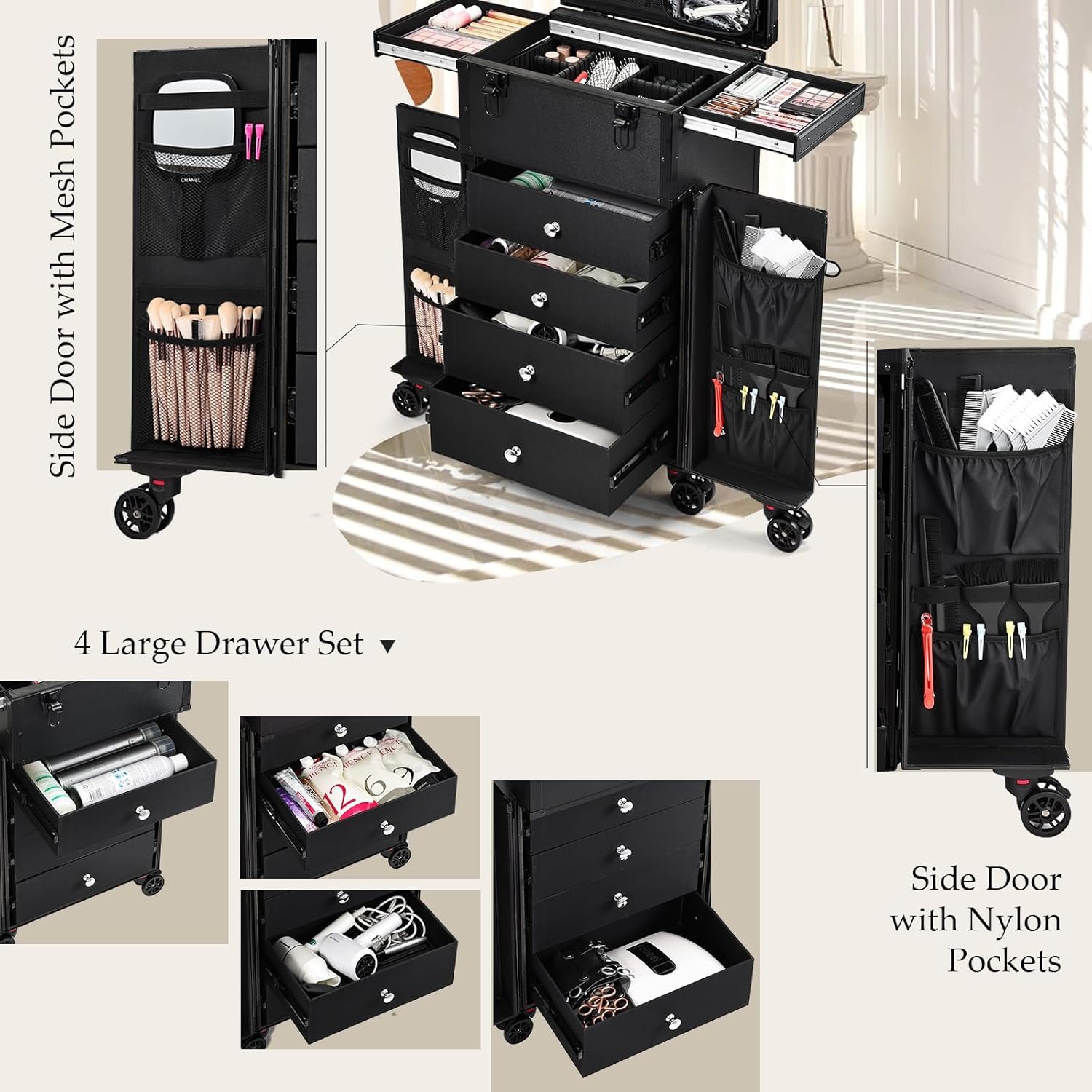 Joligrace Professional Rolling Makeup Case 4 Drawers Pro Makeup Artist Cosmetic Train Case Hairstylist Travel Case Portable Make Up Station with Multiple Compartments Extra Large - Black - Image 5