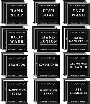 36PCS Waterproof Labels for Bottles, Hand Soap Lotion Shampoo and Conditioner Dispenser Label Stickers, Removable Cleaning Bathroom Labels for Glass or Plastic BottlesBlack