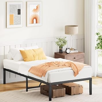 Totnz Bed Frame, 14 Inch Metal Platform Bed with Enhanced Support Structure & Enclosing Edges, Metal Bed with Large Storage Space, 500 lbs Max Weight, No Box Spring Needed, Twin Size, MSBFT01