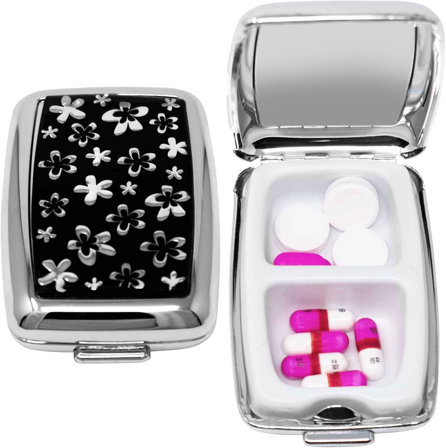 Set of 2 Dual-Compartment Rectangular Pocket Purse Pill Box & Organizer with Insert (Retro Squares)