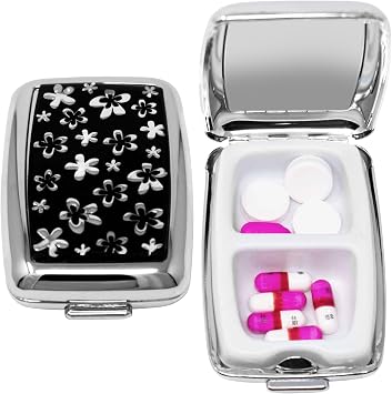 Set of 2 Dual-Compartment Rectangular Pocket Purse Pill Box & Organizer with Insert Black Flowers