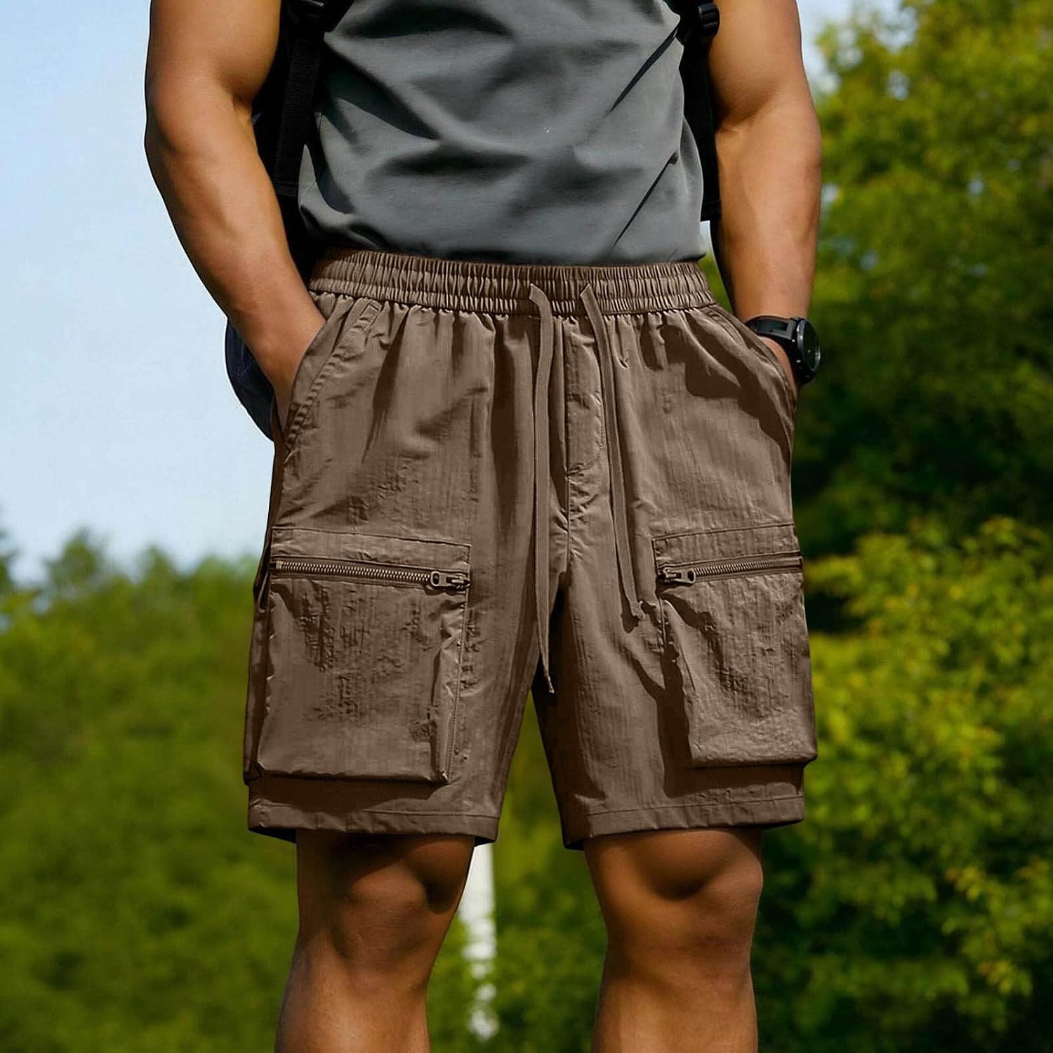 Mens Elastic Waist Cargo Shorts Running Hiking Bermuda Short Knee Length Casual Summer Pant with Multiple Pockets