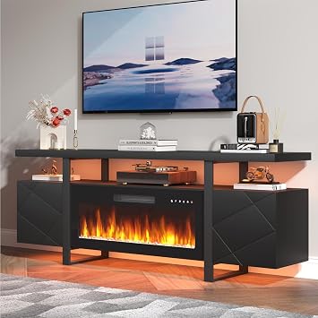 REDAYFUR Fireplace TV Stand with 36" Electric Fireplace,LED Light Media Console, Hidden Storage Cabinet, Modern Entertainment Center, Fits TVs Up to 80 Inch,Black