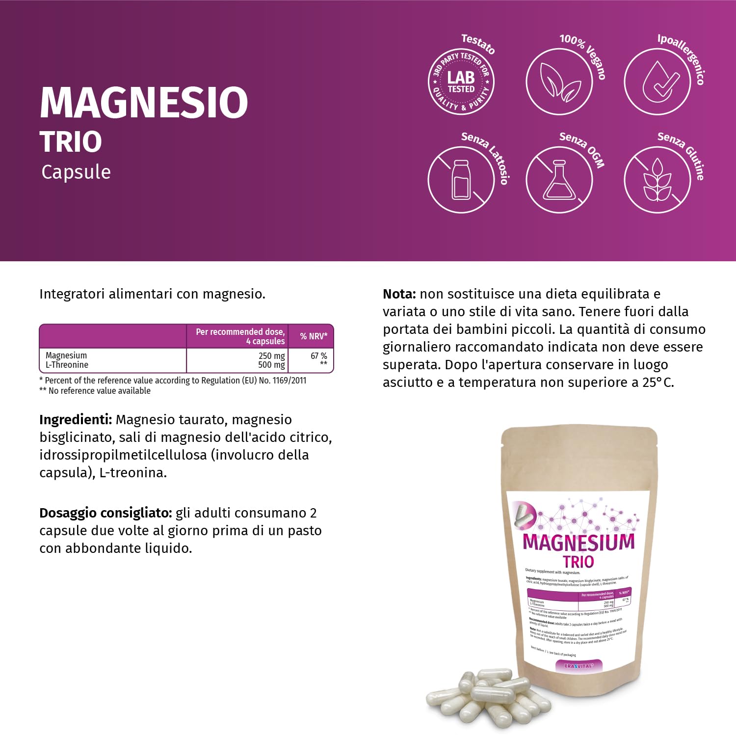 Magnesio Trio 360 cápsulas con taurato de magnesio, bisglicinato de magnesio, citral de magnesio y L-treonina, ideal para un público interesado en la salud mental.