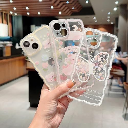 Miniatura 4 de Funda compatible con iPhone 15, bonito diseño floral de dibujos animados de oso y mariposa para mujeres y niñas, funda estética kawaii delgada y