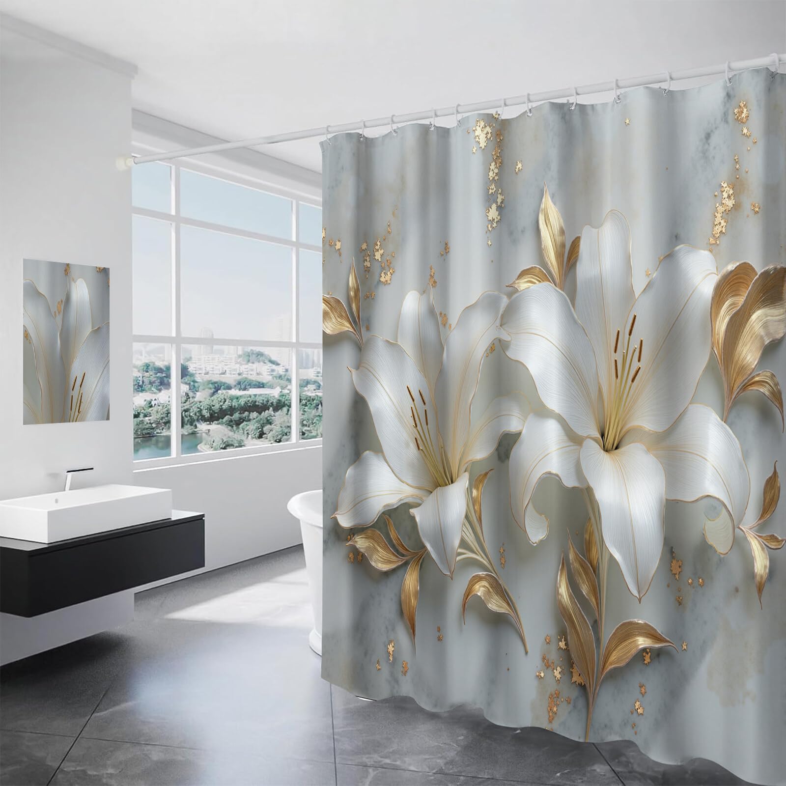 Rideau Douche,Rideau Baignoire Lavable en Machine Rideaux Douche Tissus Lavable Rideau De Baignoire Lavable pour Salle De Bain Domicile Baignoire Famille,Lys Marbré,