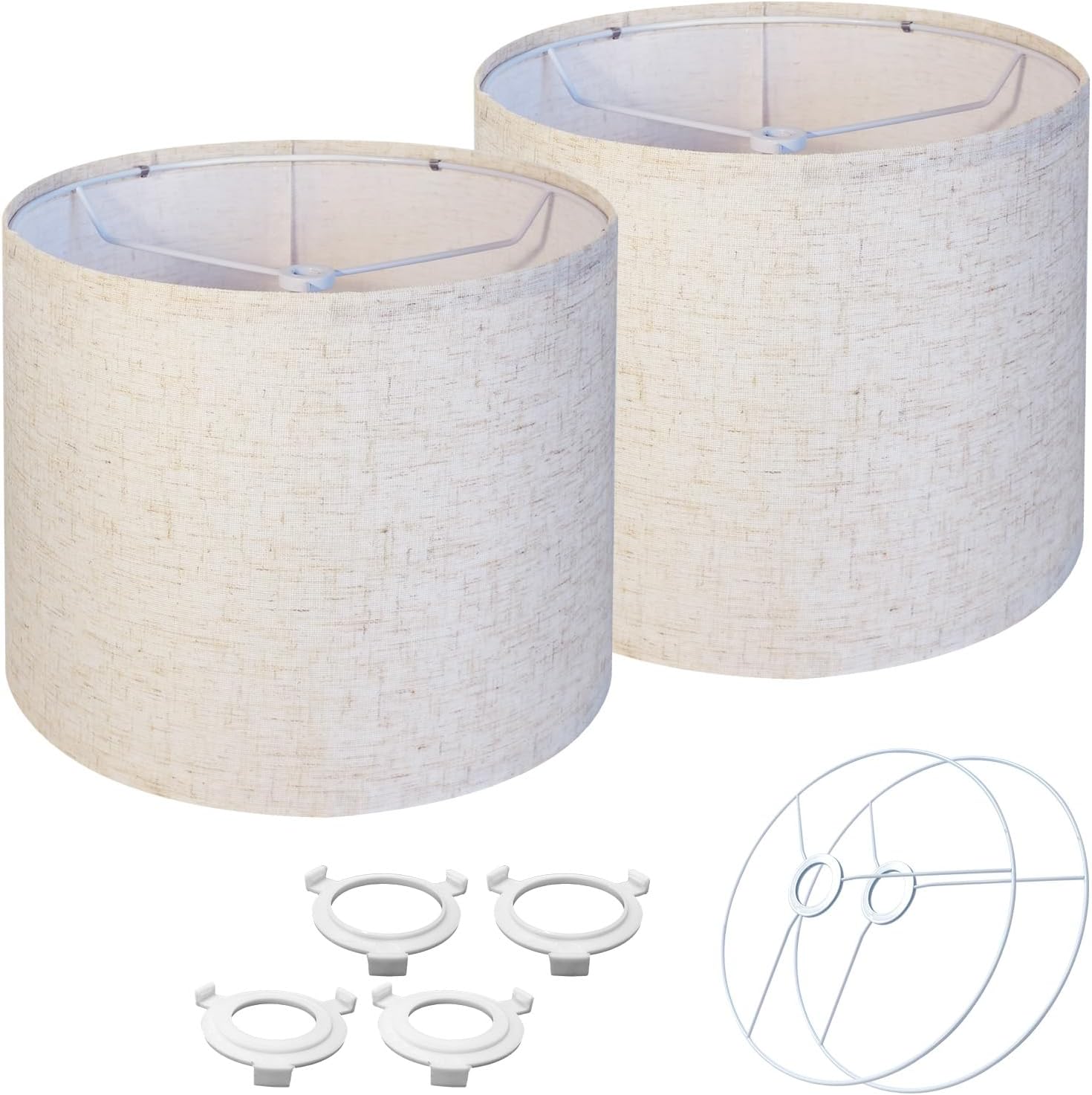 Set of 2 Drum Lamp Shades – 9"x9"x8.3" Beige Linen Lampshade Replacement with Spider Fitter & E26 to E12 Adapter for Table, Floor, Wall, and Bedside Lamps