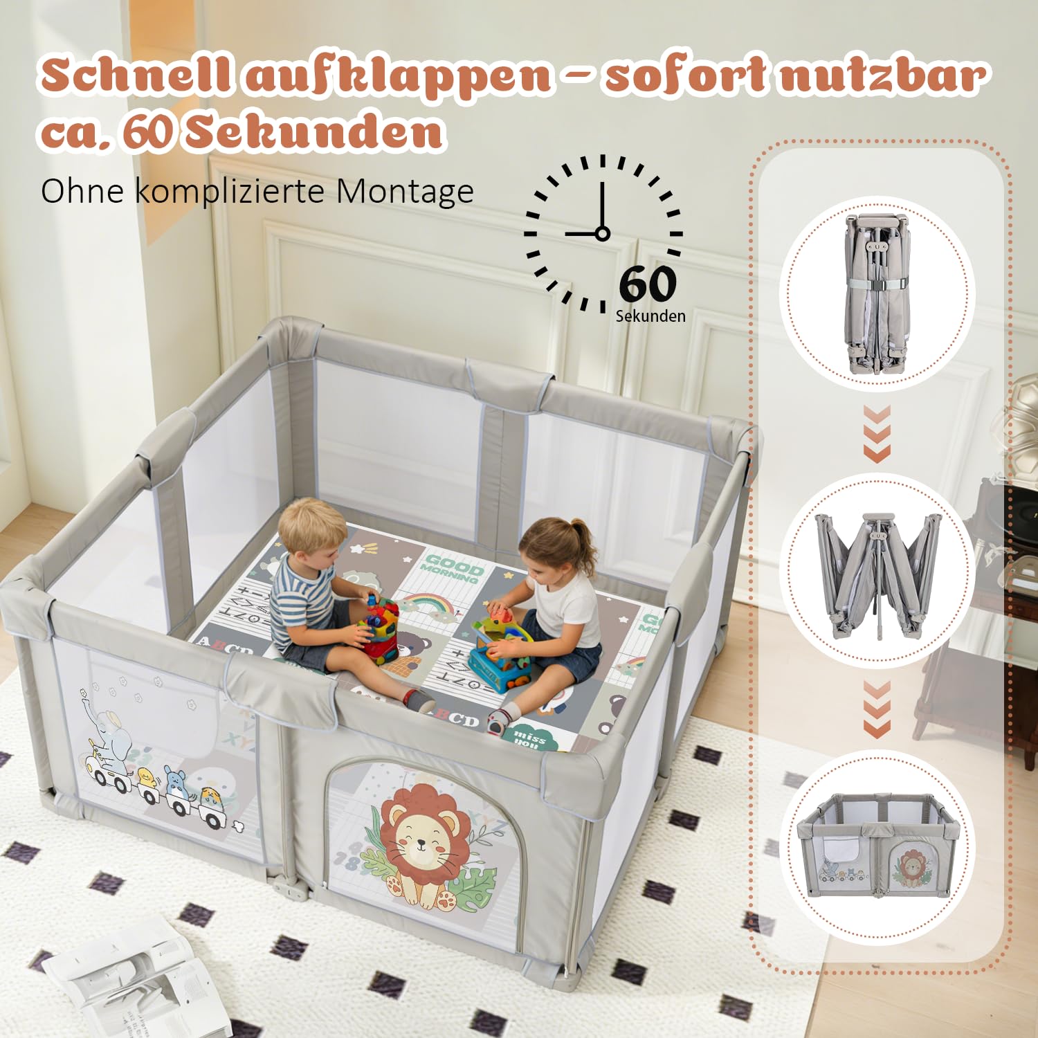 Laufstall Baby Faltbar 130x130 mit Matratze, Tragbarer Laufgitter Baby aus 300D Oxford-Gewebe, 360° Atmungsaktives Netz & Rutschfestem Boden, Sicherer Babyspielplatz für Drinnen & Draußen