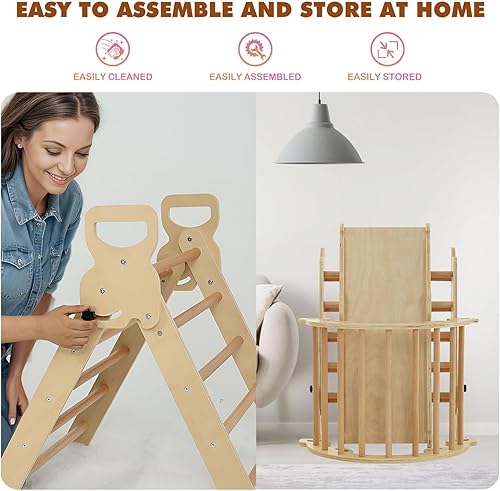 Miniatura 7 de Juego de triángulos Pikler 5 en 1 para niños pequeños, juego de 3 juegos para interiores y juguetes de escalada para niños de 2 a 6 años, plegable e