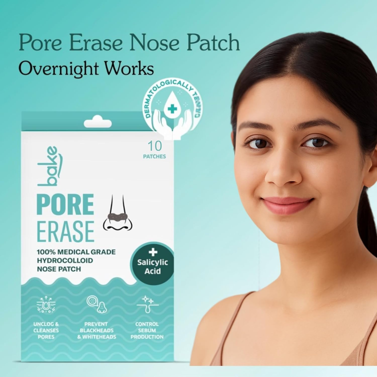 BAKE 2% Salicylic Acid Nose Strips for Pore Cleansing & Blackheads Removal | Hydrocolloid Nose Strips for Control Sebum Production (10 Strips)