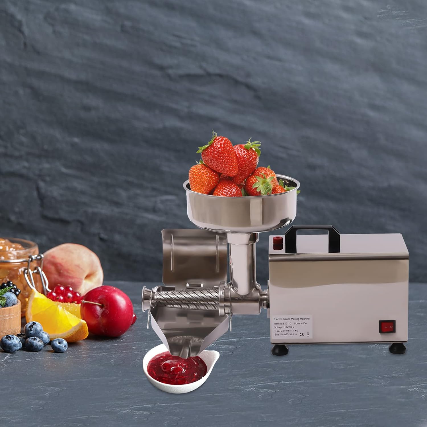 450W Electric Tomato Strainer, 304 Stainless Steel Tomato Mill Machine with Dia 4.8" Funnel, 50 Kg/H Pure Copper Motor Food Strainer and Sauce Maker for Tomato Sauce Silver 110V