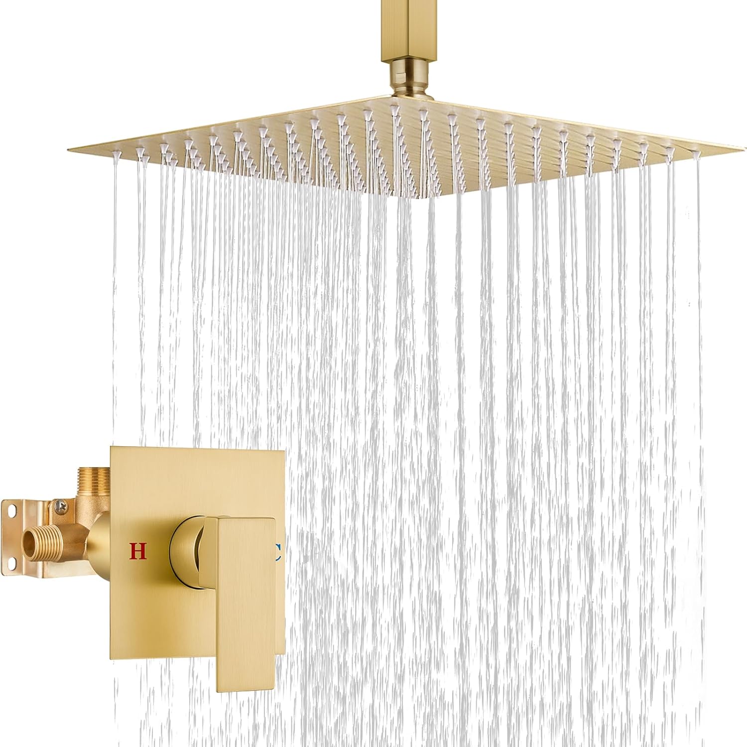 Airuida Shower Faucet Set and Handle Set Single Function Shower Trim Kit Ceiling Mount Rainfall Shower System with Male Threads and Rough-in Valve 12 Inch Square Shower Head Brushed Gold