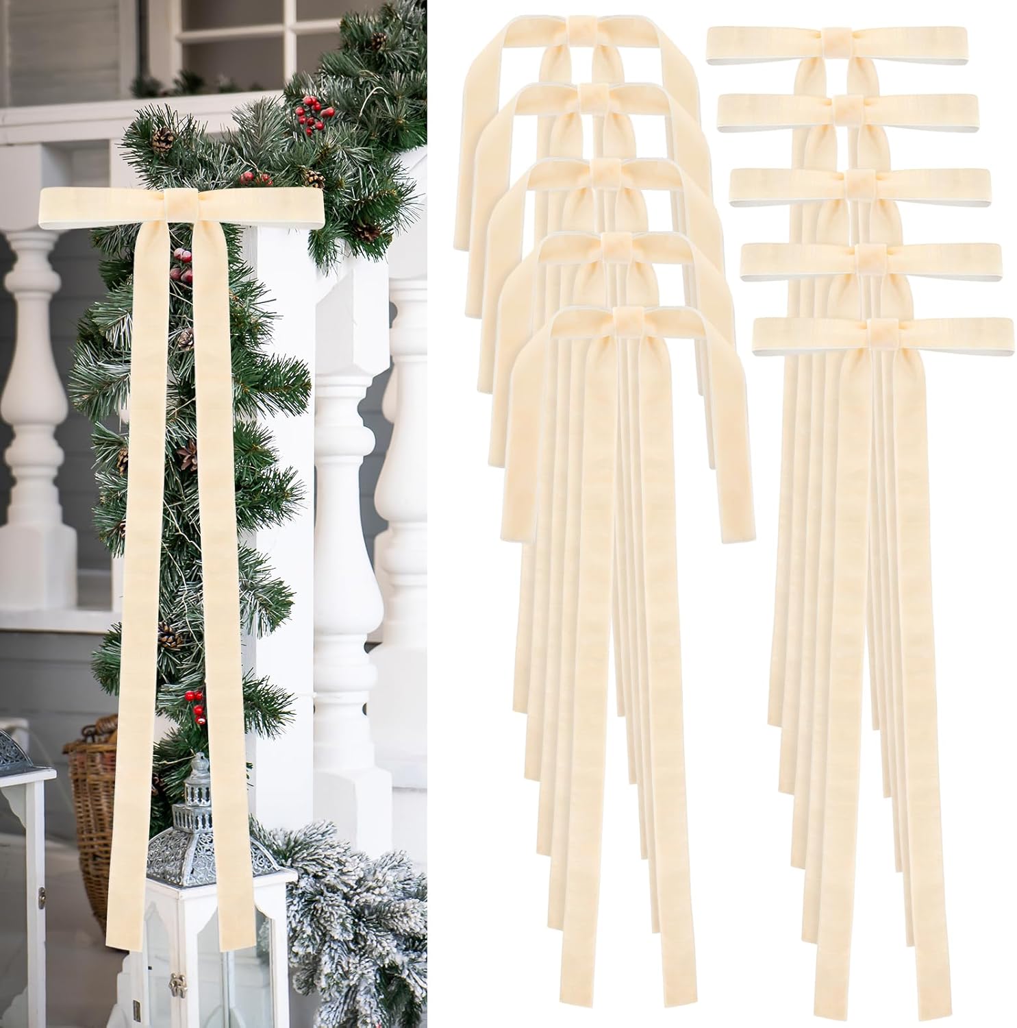 10pcs long champagne velvet bows for christmas tree, long bow ornaments for christmas tree wreath door garland home decor outdoor indoor