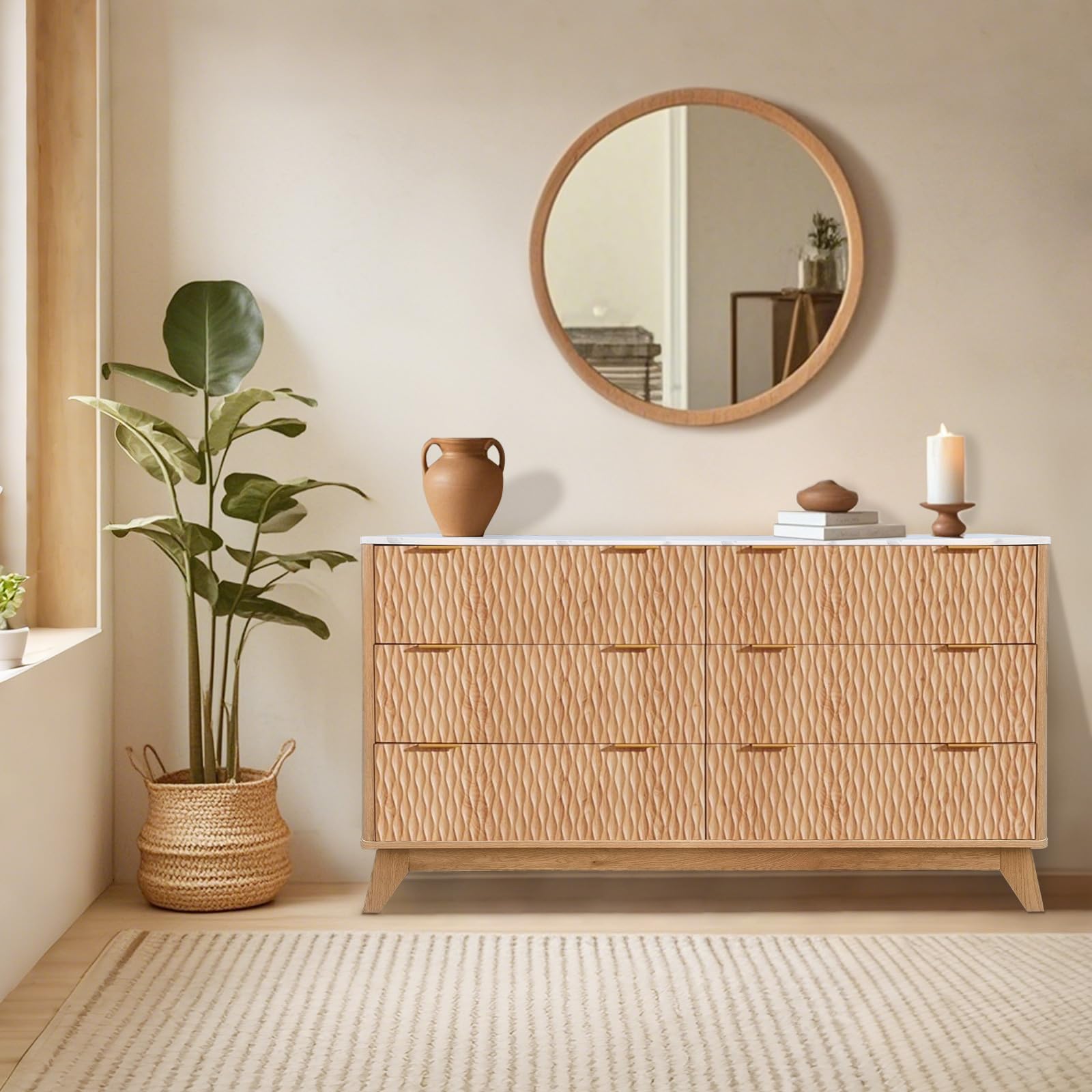 dainslef 54-Inch Modern Curved Drawer, Fluted 6 Drawer Dresser with Faux Marble Top, Chest of Drawers, Freestanding Wooden Dresser for Bedroom, Living