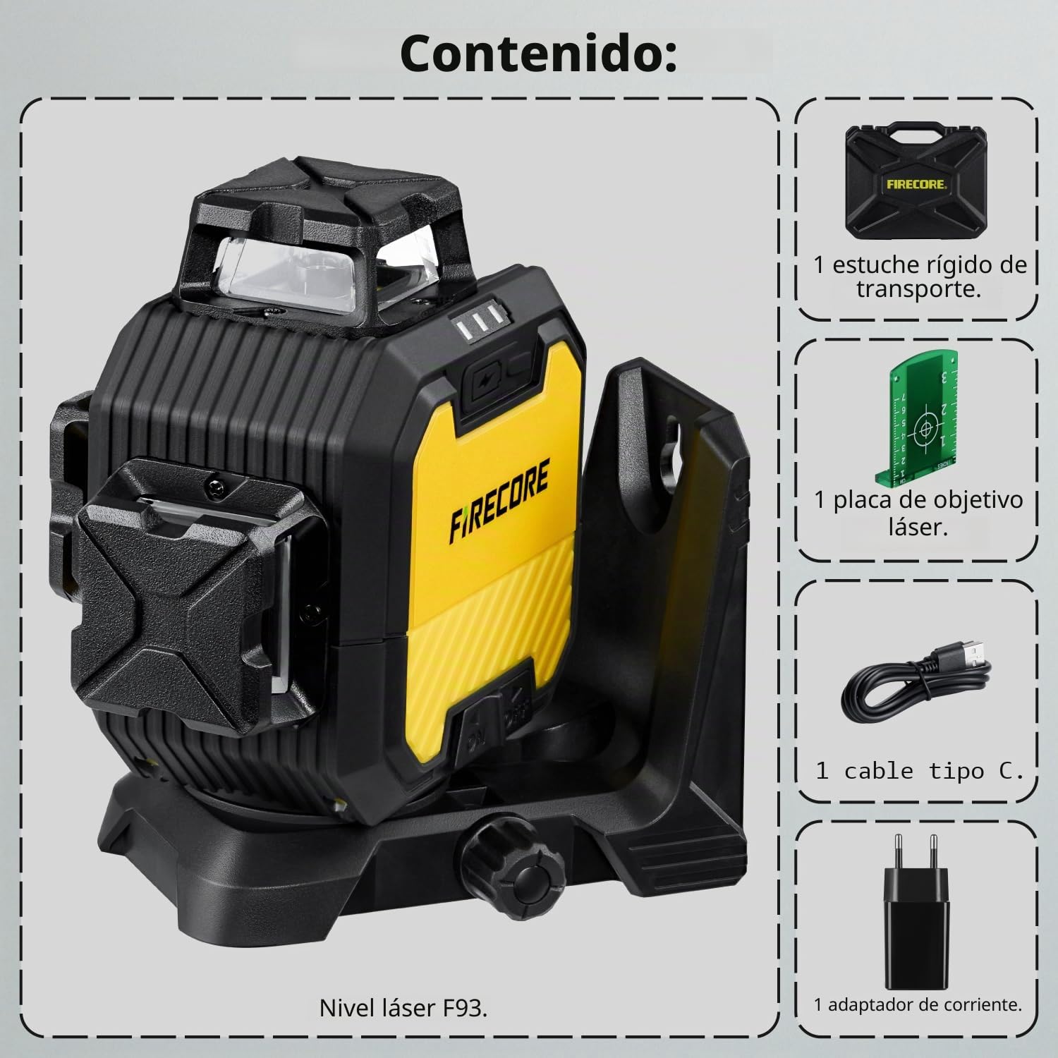 Firecore Nivel Láser Autonivelante 360° x 3, Láser Nivel de Construcción de Alta Precisión ±2 mm/10 m con Batería de Litio Recargable, Alcance de 60 m en Modo de Pulso, Ideal Para Uso en Interiores