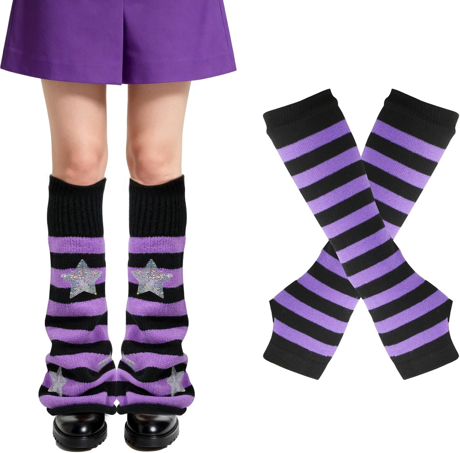 2Pairs Y2K Leg Warmers for Women, Striped Leg/Arm Warmer & Fingerless Gloves Set, Star Streetwear Leg Cover for Rave