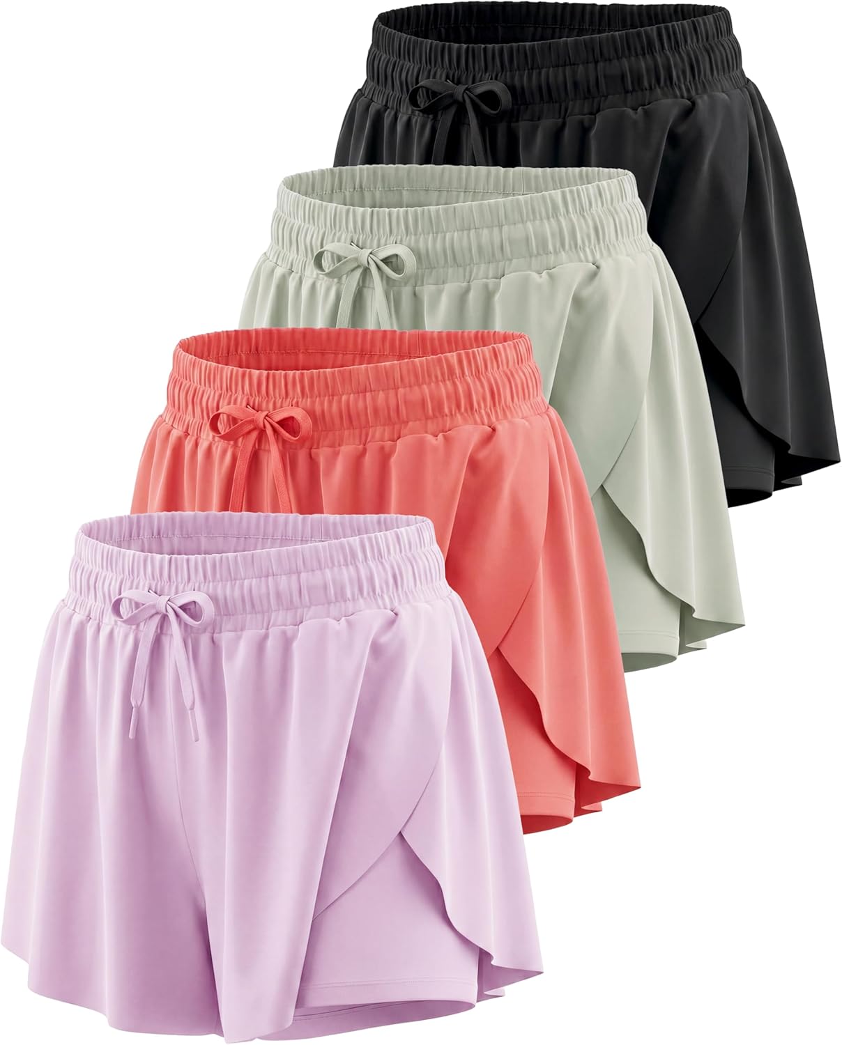Real Essentials 4 Pack: Girls' 2-in-1 Dry Fit Athletic Flowy Shorts - Butterfly Dance Skirts for Youth & Teens (Ages 4-18)