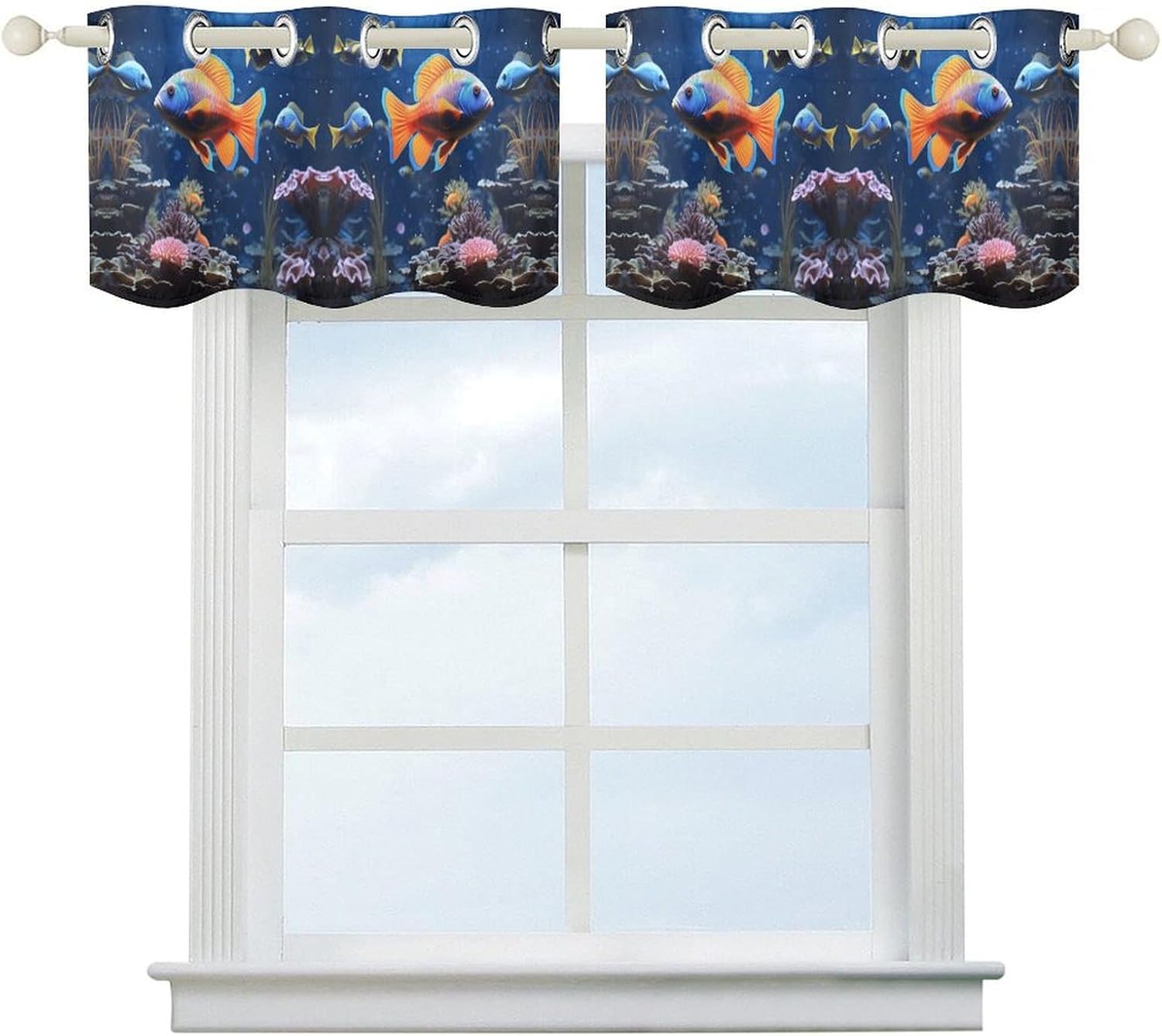 Fishs Printed Short Window Curtains, Grommet Small Valance, Decorative Short Curtains Suitable for Window Sills in Bedrooms, Living Rooms, Kitchens, Etc