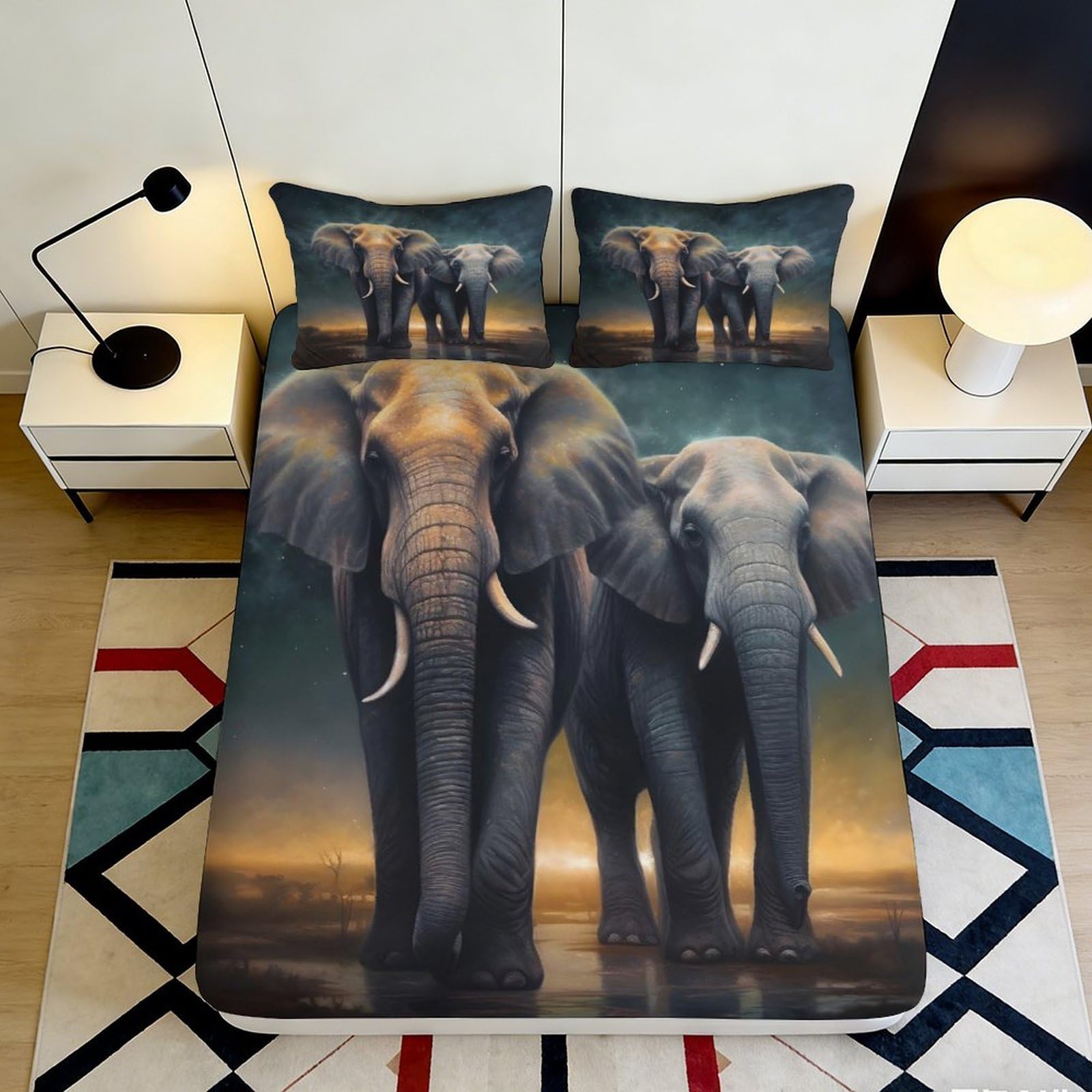 3D Printed Elephant Design Fitted Sheet Microfiber Soft Breathable Wildlife Bed Cover for Bedroom Dormitory Guest Room Mattress Protection 120x200x25cm