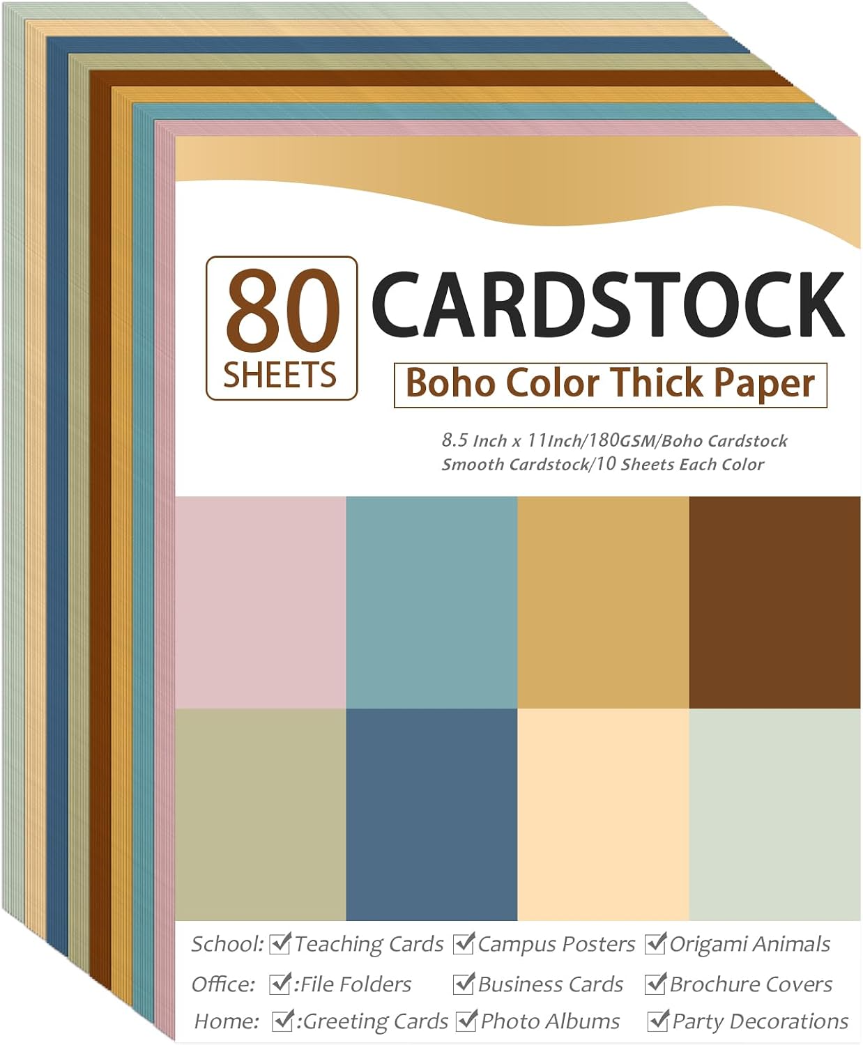 80 Sheets Cardstock Paper 8.5 x 11 Inches Thick Paper Card stock Colored Cardstock Papers 180gsm Solid Core Printer Papers for DIY Arts Crafts Card Making School Office Home Supplies (Boho)