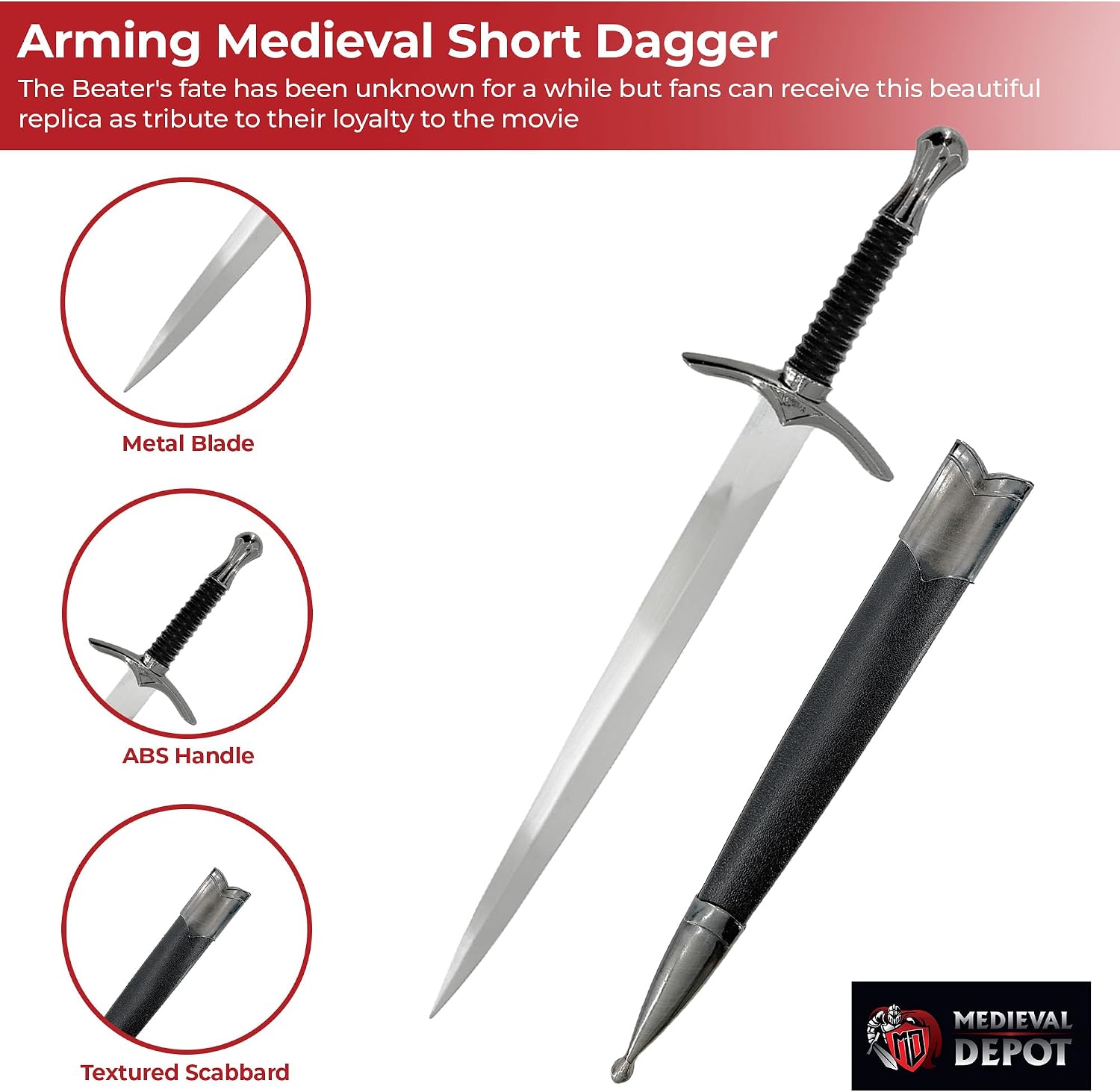 MedievalDepot Arming Medieval Foe-Hammer Beater Movie Short Dagger – Overall 17" – Metal Blade, Textured Scabbard, Antique-Finish Guard, Ideal for Costumes, Display & Reenactment