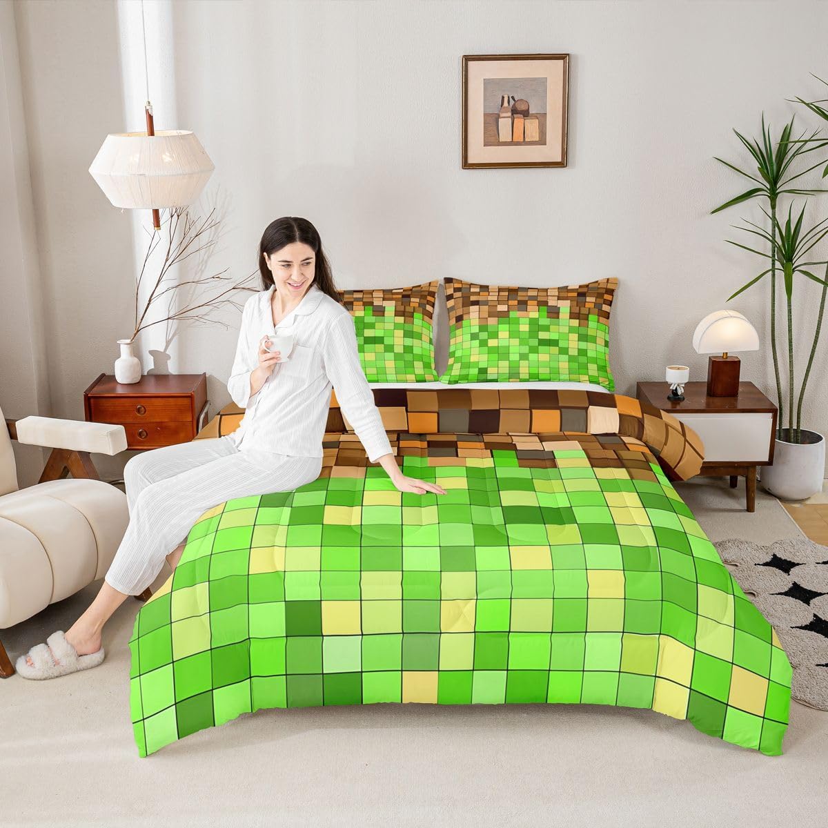 Pixelated Patchwork Comforter Set Full Size,Miners Geometric Check Square Kids Bedding Set,Video Games Blocks Gaming Quilt Comforter,Brown Light Green Duvet Insert,2 Pillowcases image 4