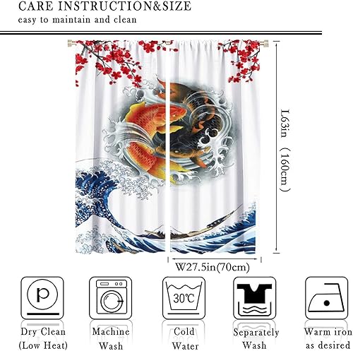 Vista 57 de Cortinas japonesas de pez koi, estilo asiático Koi Big Wave Koi, cortina con bolsillo para cortinero para dormitorio, cocina, sala de estar, Koi