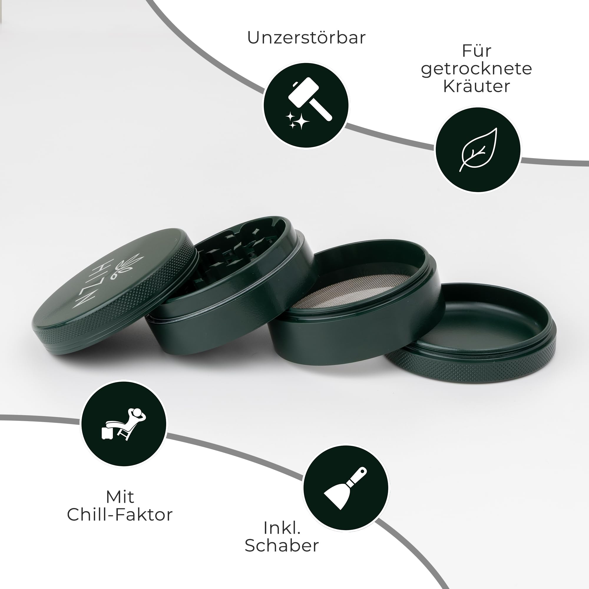 Grinder in ceramica | Ø 63 mm | 4 pezzi | antiaderente grazie al rivestimento in nanoceramica | con sacchetto, raschietto per polline, pennello e boccaglio (verde mezzanotte)