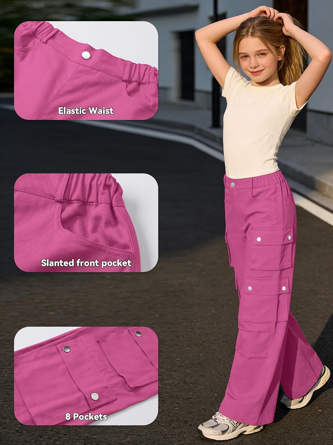SANGTREE Girls High Waist Casual Y2k Wide Leg Cargo Pants, 4-14 Years