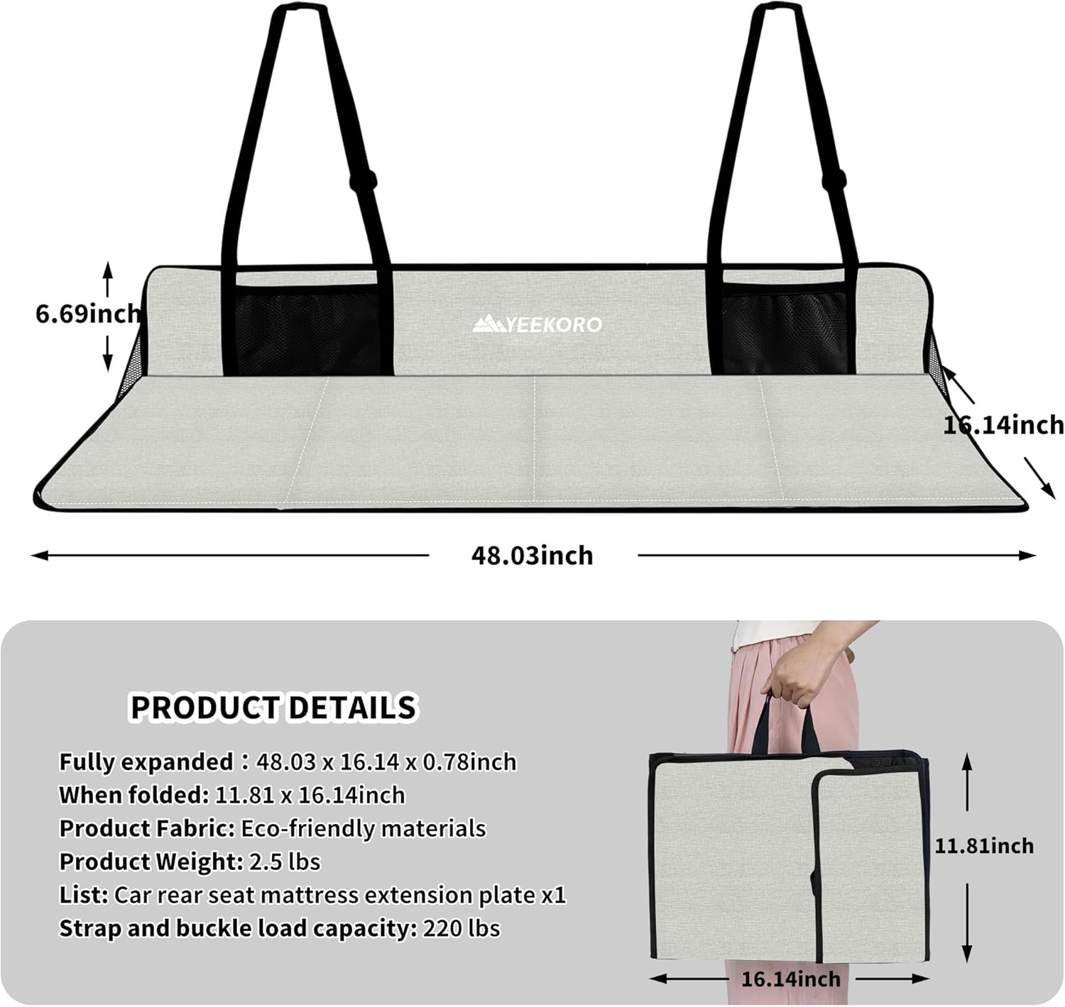 car rear seat mattress extension plate, foldable car back seat extender?portable mattress for sleeping, increase travel trunk space and car bed camping space for cars, suv, model y/3?grey? light grey