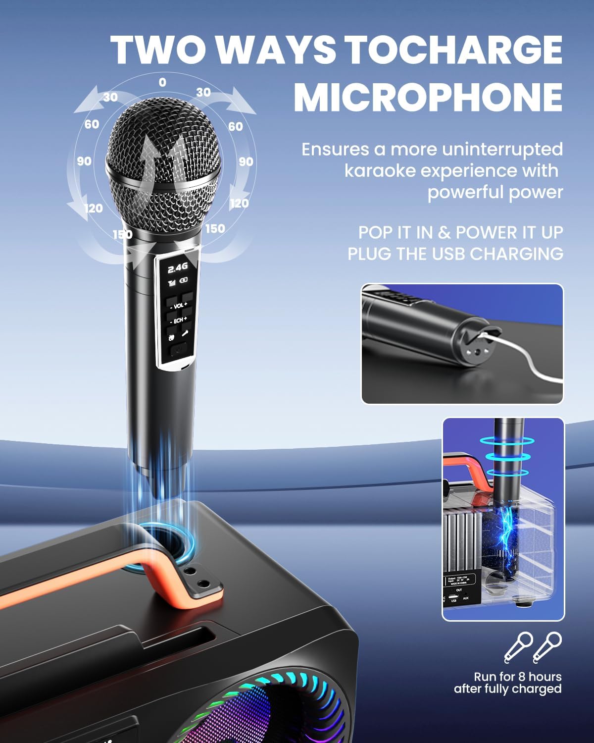 Karaoke Machine for Adults & Kids, Portable 80W Bluetooth Speaker - 2 Wireless Microphones, Echo Adjust, Support USB/AUX, for Outdoor/Indoor Gathering Party Gifts - Image 4