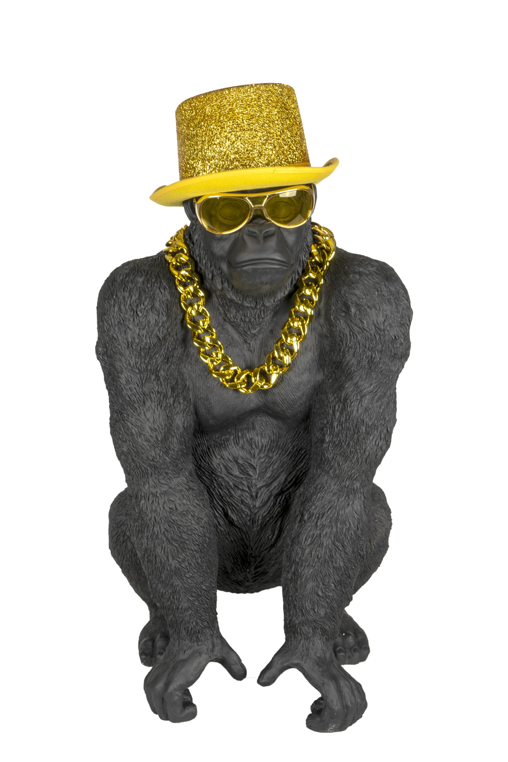 Bongo Gold – Statua Gorilla dorata di alta qualità, statuetta decorativa con occhiali e catena dorata – scultura di design XXL – creazione francese di eccezione per soggiorno ufficio