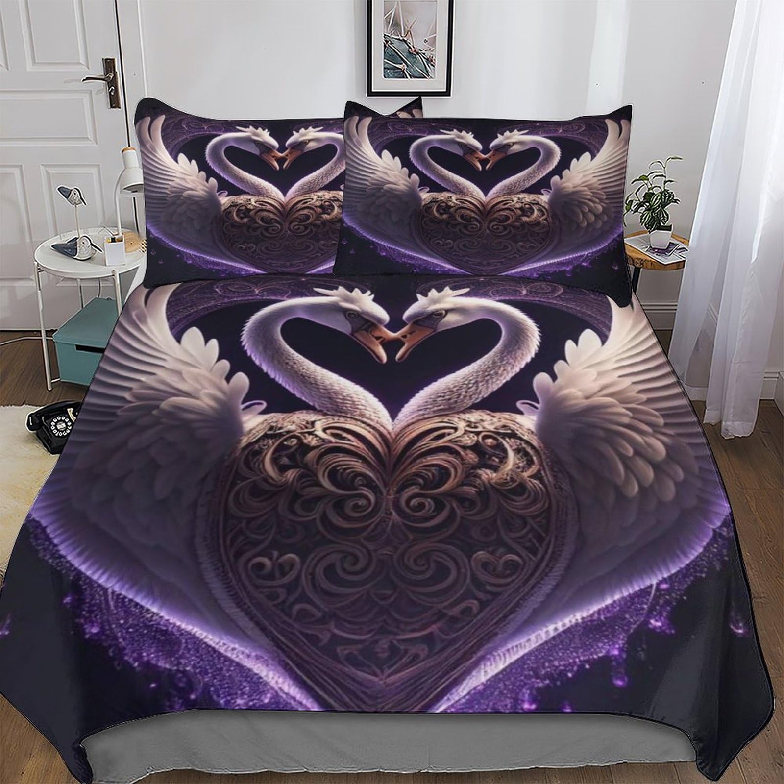 Housse de couette cygne 220x240 cm avec taies en microfibre pour lit double enfant