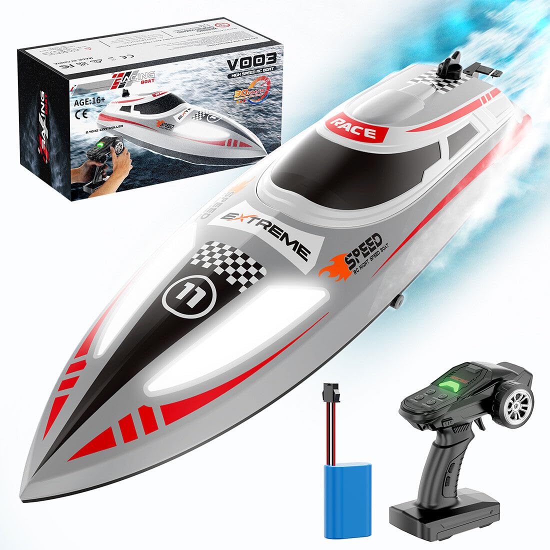 Motoscafo RC ad alta velocità per adulti, 2,4 Ghz 30 km/h, impermeabile, con luci di navigazione notturna e recupero automatico per piscine, fiumi e laghi - RTR